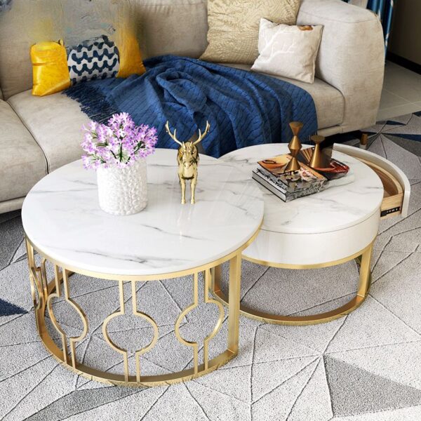 Coffee Table Bundar Kaki Stainless Top Marmer Mewah