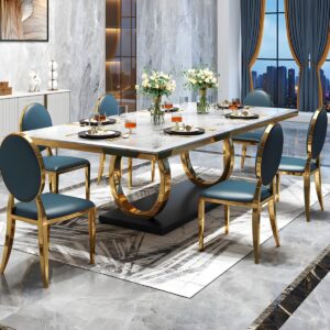 Meja Makan Mewah Marmer Kaki Stainless 6 Kursi Modern