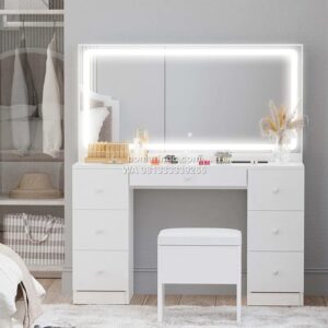 Meja Rias Minimalis Cermin LED Dengan 7 Laci Penyimpanan