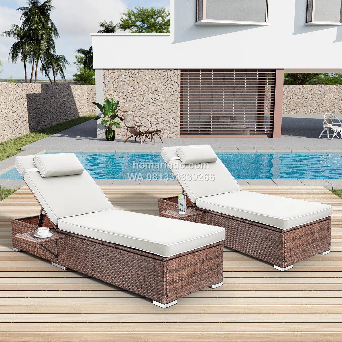 Lounger Rotan Sintetis Minimalis Outdoor Dengan Bantalan