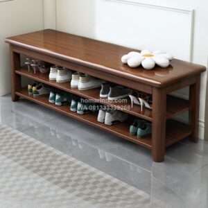 Bench Rak Sepatu Kayu Jatu Espresso Natural Kayu 2 Tingkat
