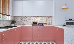 Kitchen Set Berbentuk G Warna Pink Blush dan Putih
