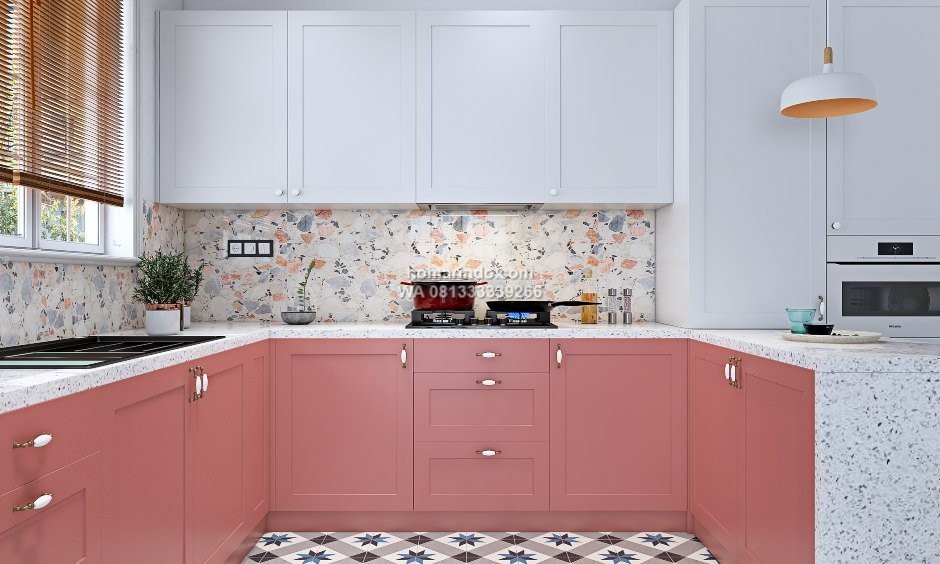 Kitchen Set Berbentuk G Warna Pink Blush dan Putih