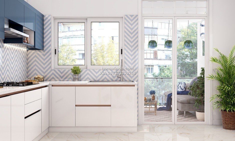 Kitchen Set Dapur Bentuk L Warna Putih dan Biru Kitchen Set Dapur Bentuk L Warna Putih dan Biru