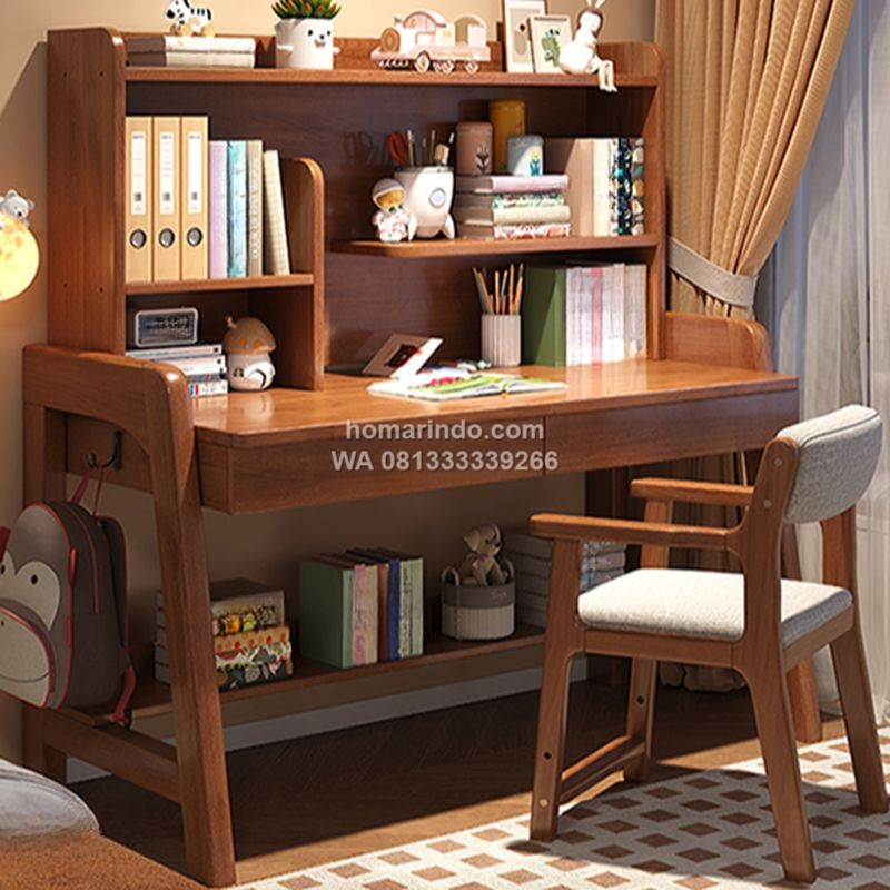 Meja Belajar Kayu Dengan Rak Buku Minimalis