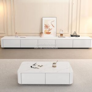 Meja TV Putih Glossy Futuristik Dengan 5 Laci