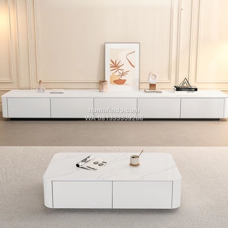 Meja TV Putih Glossy Futuristik Dengan 5 Laci