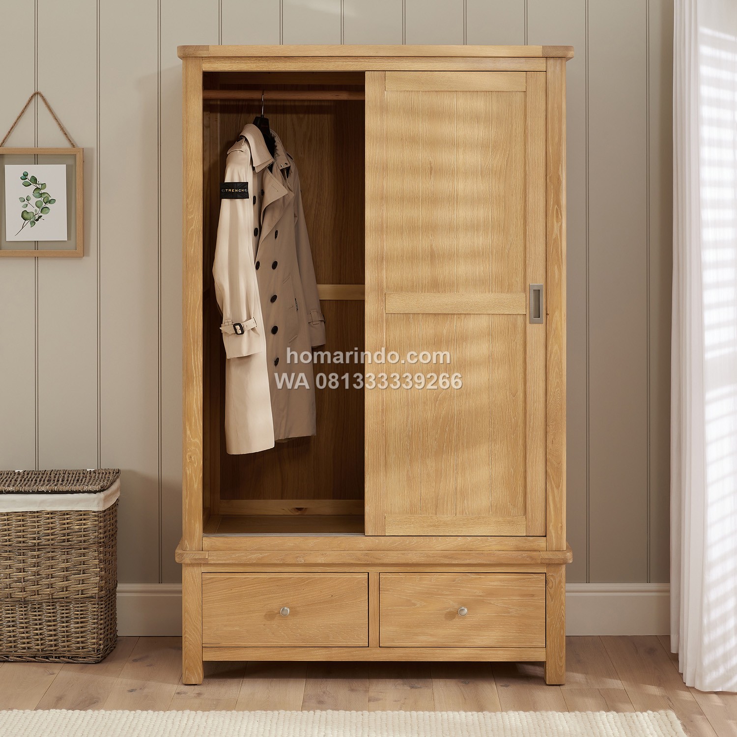 Wardrobe Kayu Jati Minimalis 2 Pintu Sliding