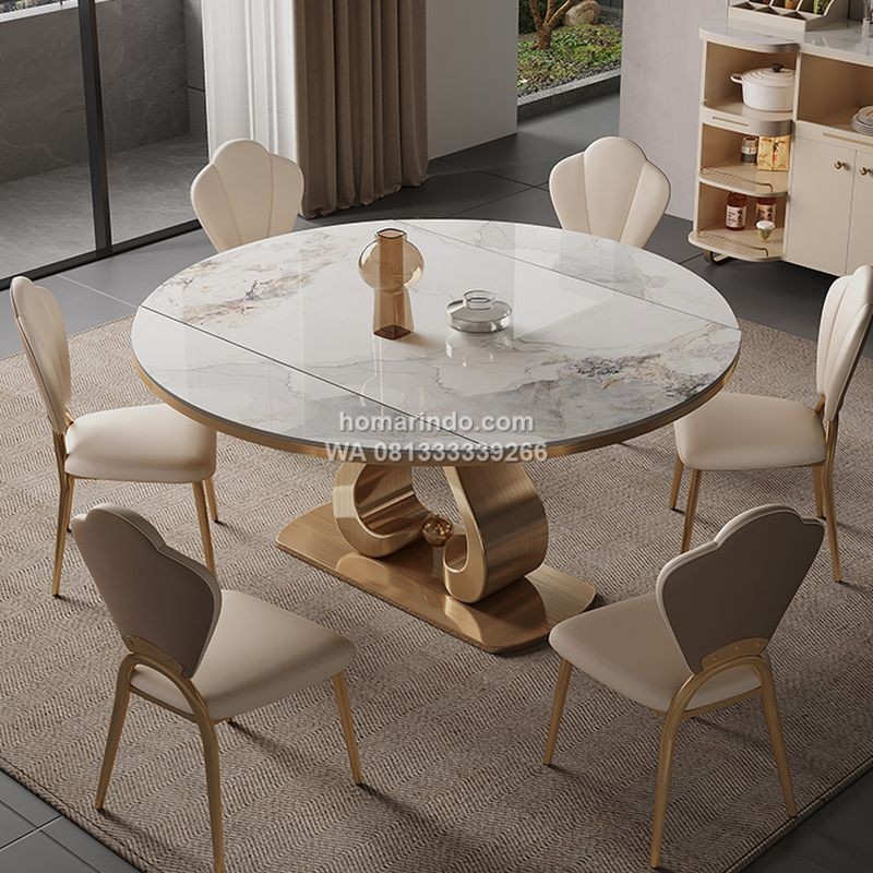Meja Makan Marmer Bulat Kaki Stainless Mewah Dengan 6 Kursi