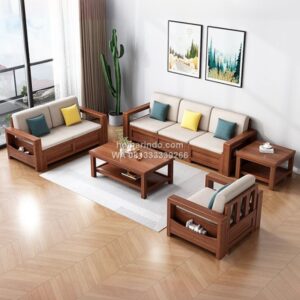 Kursi Tamu Sofa Kayu Jati Desain Minimalis Dengan Bantalan