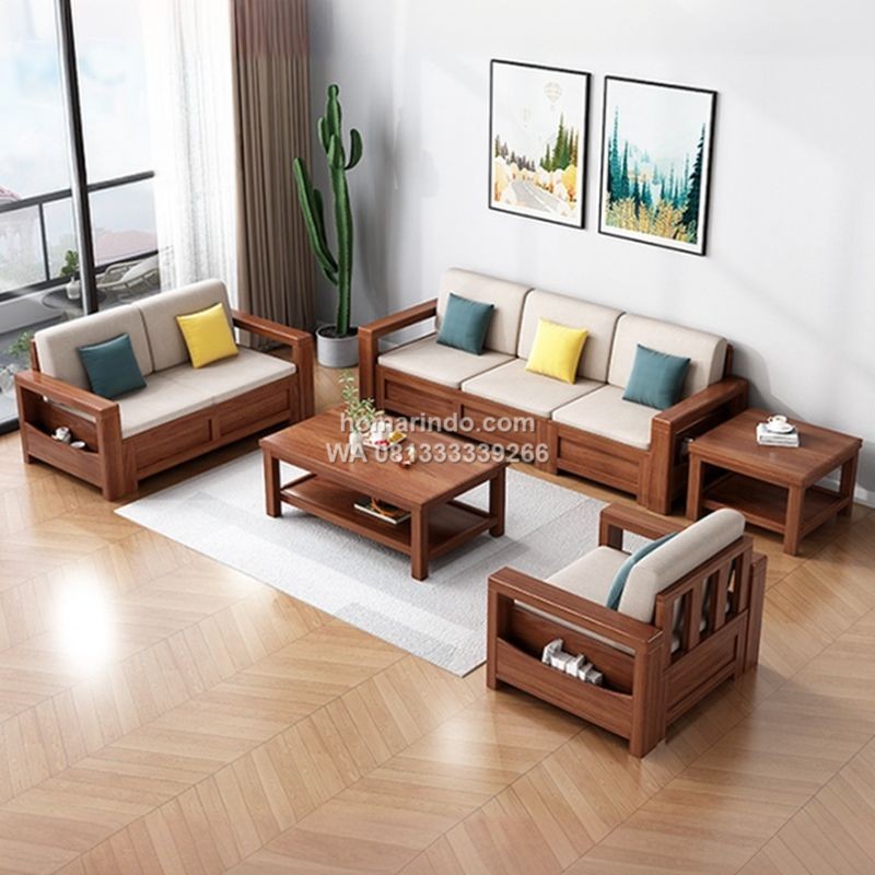 Kursi Tamu Sofa Kayu Jati Desain Minimalis Dengan Bantalan