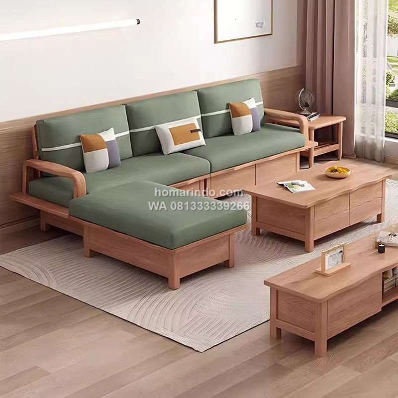 Kursi Tamu Sudut Kayu Jati Dengan Jok Kulit Sintetis