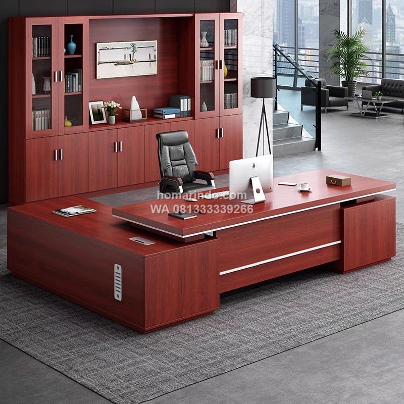 Meja Pimpinan Minimalis Mewah L Shape Warna Merah