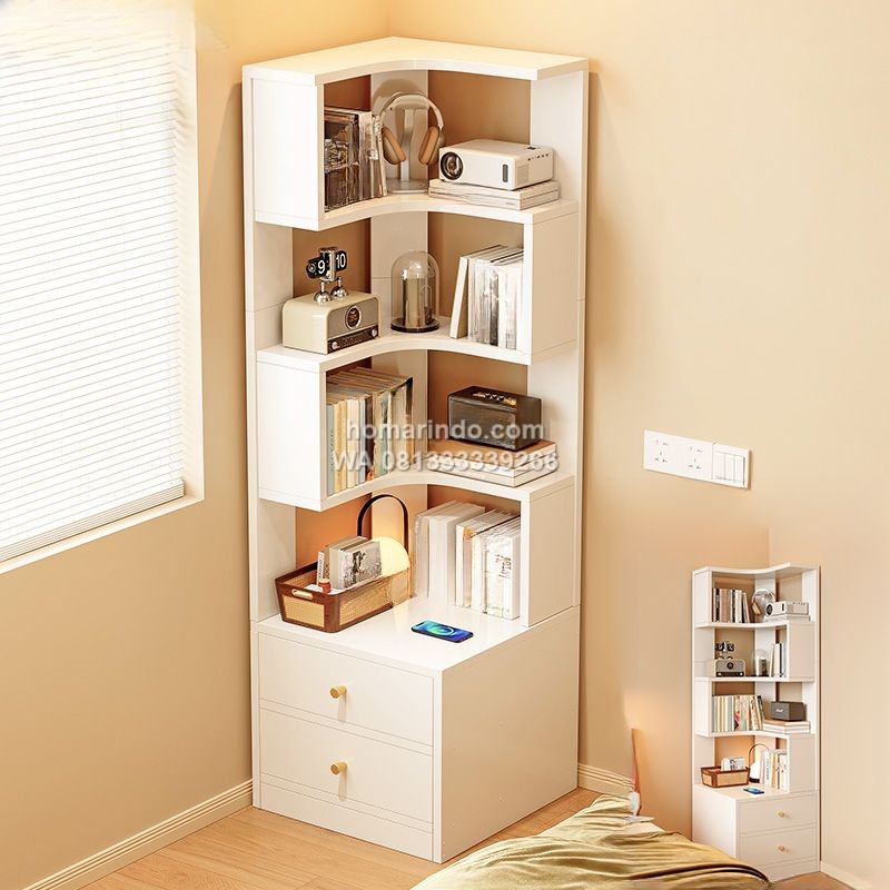 Rak Buku Sudut Kayu Jati Minimalis Modern