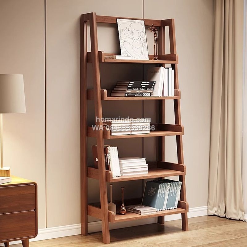 Rak Buku Tangga Kayu Jati 5 Tingkat Desain Minimalis