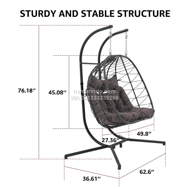 Kursi Ayunan Rotan Sintetis untuk 2 Orang dengan Penyangga dan Bantal