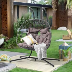 Kursi Ayunan Rotan Sintetis untuk 2 Orang dengan Penyangga dan Bantal