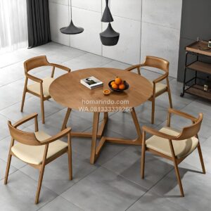 Meja Makan Bundar Modern Minimalis Kayu Jati Solid 4 Kursi