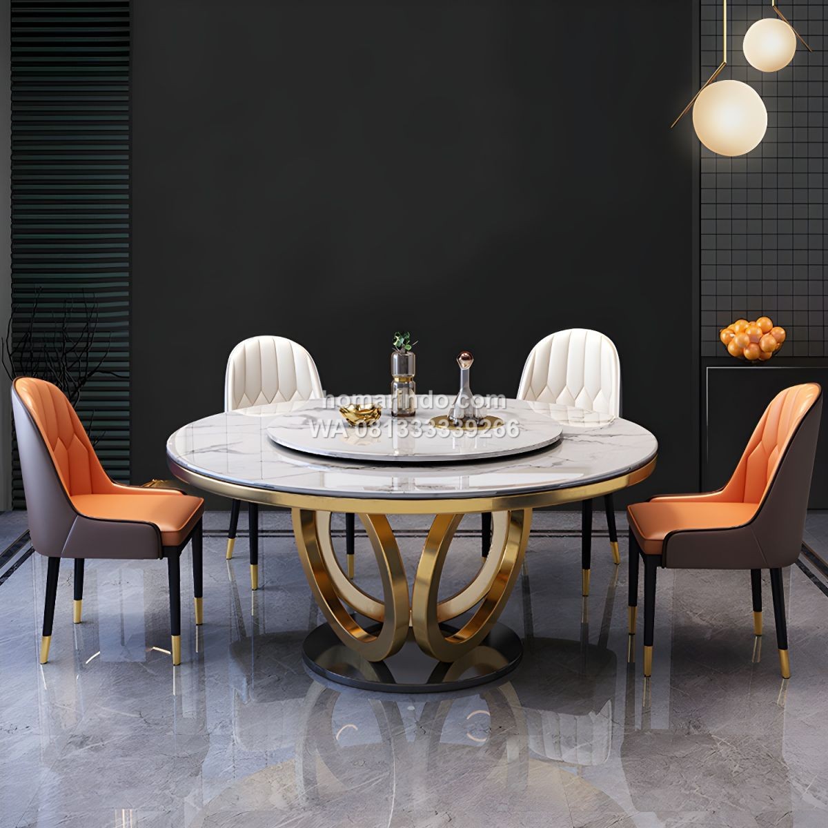 Meja Makan Marmer Bundar Putar Mewah 6 Kursi Stainless