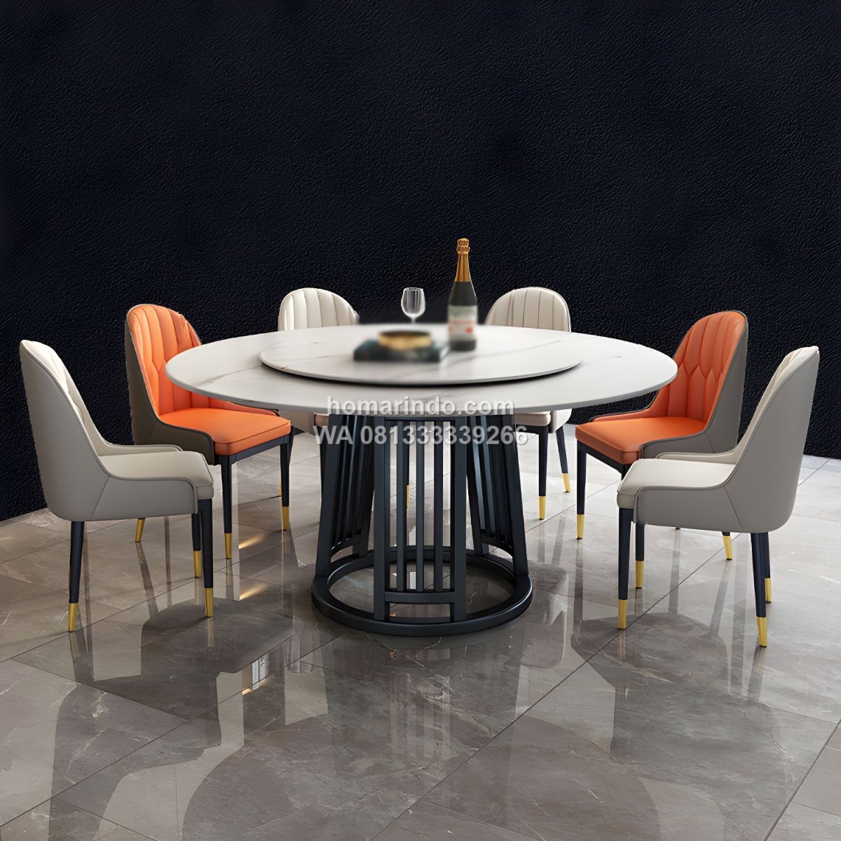Meja Makan Marmer Bundar Putar Mewah Dengan 6 Kursi