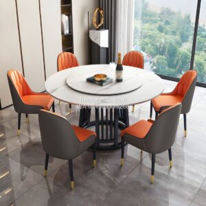 Meja Makan Marmer Bundar Putar Mewah Dengan 6 Kursi