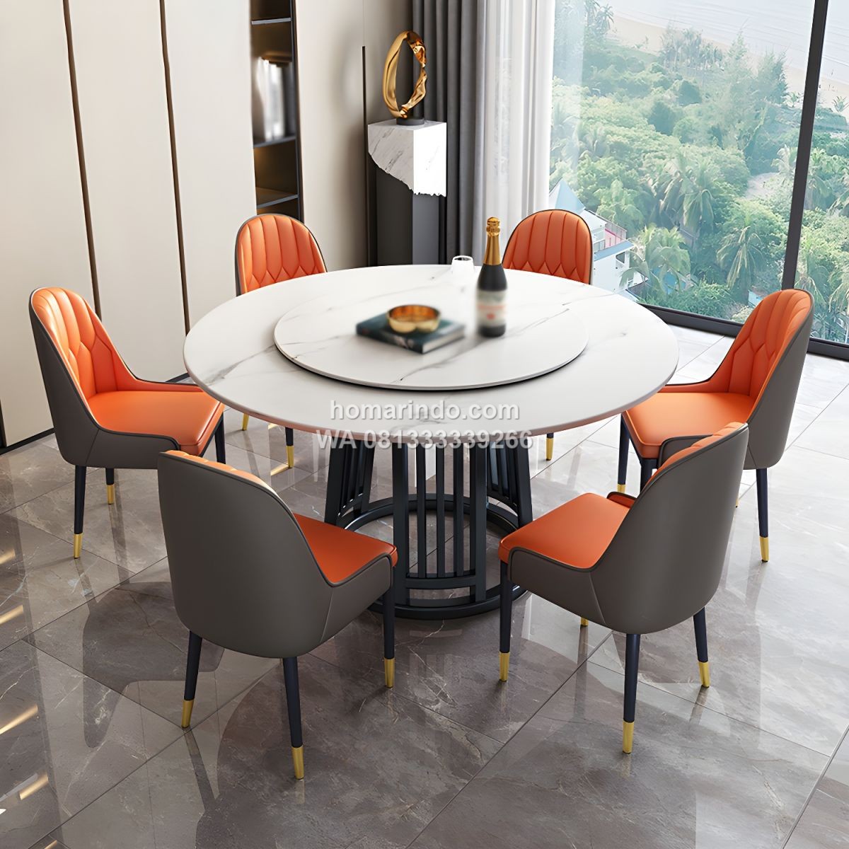 Meja Makan Marmer Bundar Putar Mewah Dengan 6 Kursi