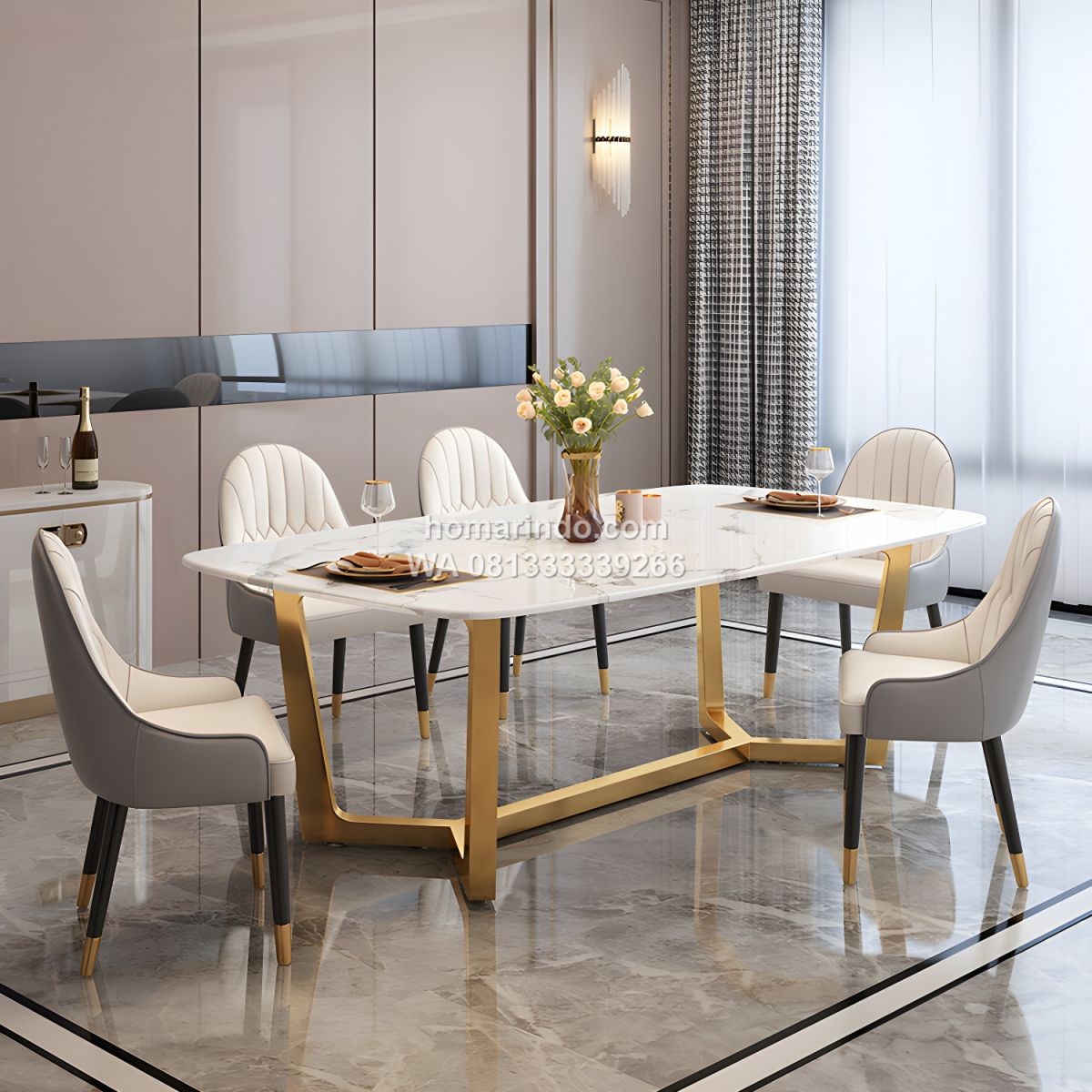 Meja Makan Marmer Kaki Stainless 6 Kursi Mewah
