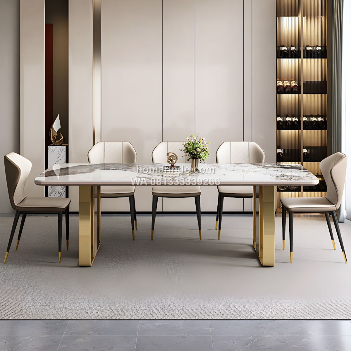 Meja Makan Marmer Mewah Kaki Stainless Dengan 6 Kursi