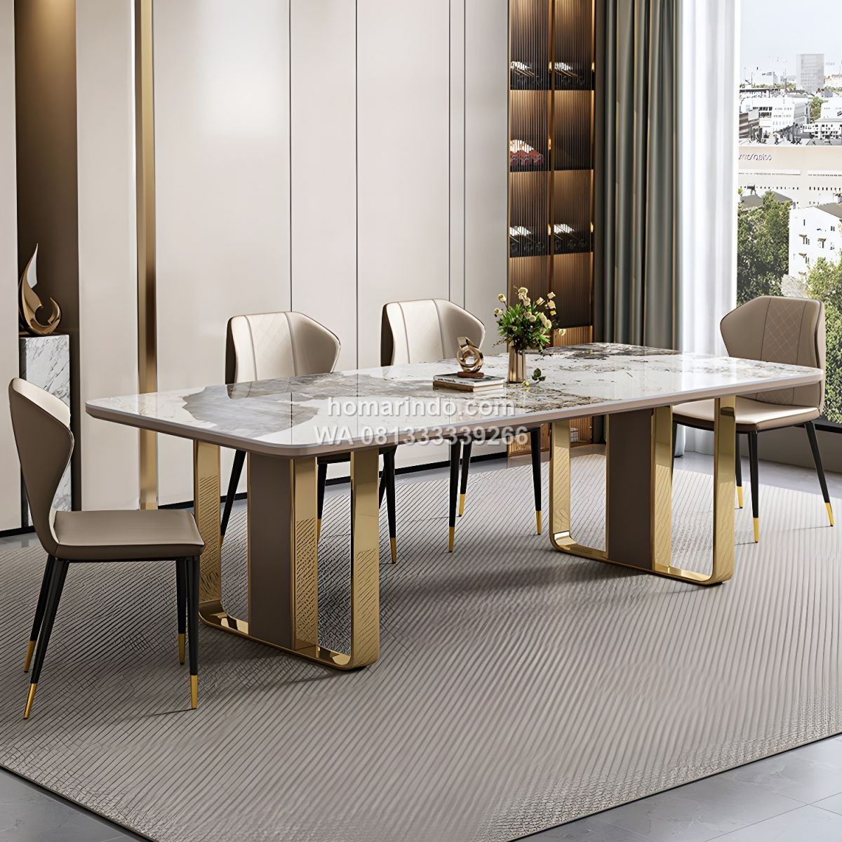 Meja Makan Marmer Mewah Kaki Stainless Dengan 6 Kursi Meja Makan Marmer Mewah Kaki Stainless Dengan 6 Kursi