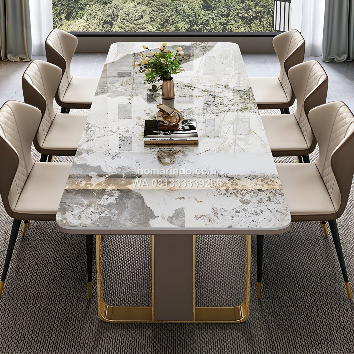 Meja Makan Marmer Mewah Kaki Stainless Dengan 6 Kursi