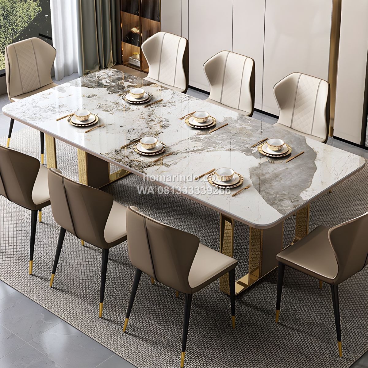 Meja Makan Marmer Mewah Kaki Stainless Dengan 6 Kursi