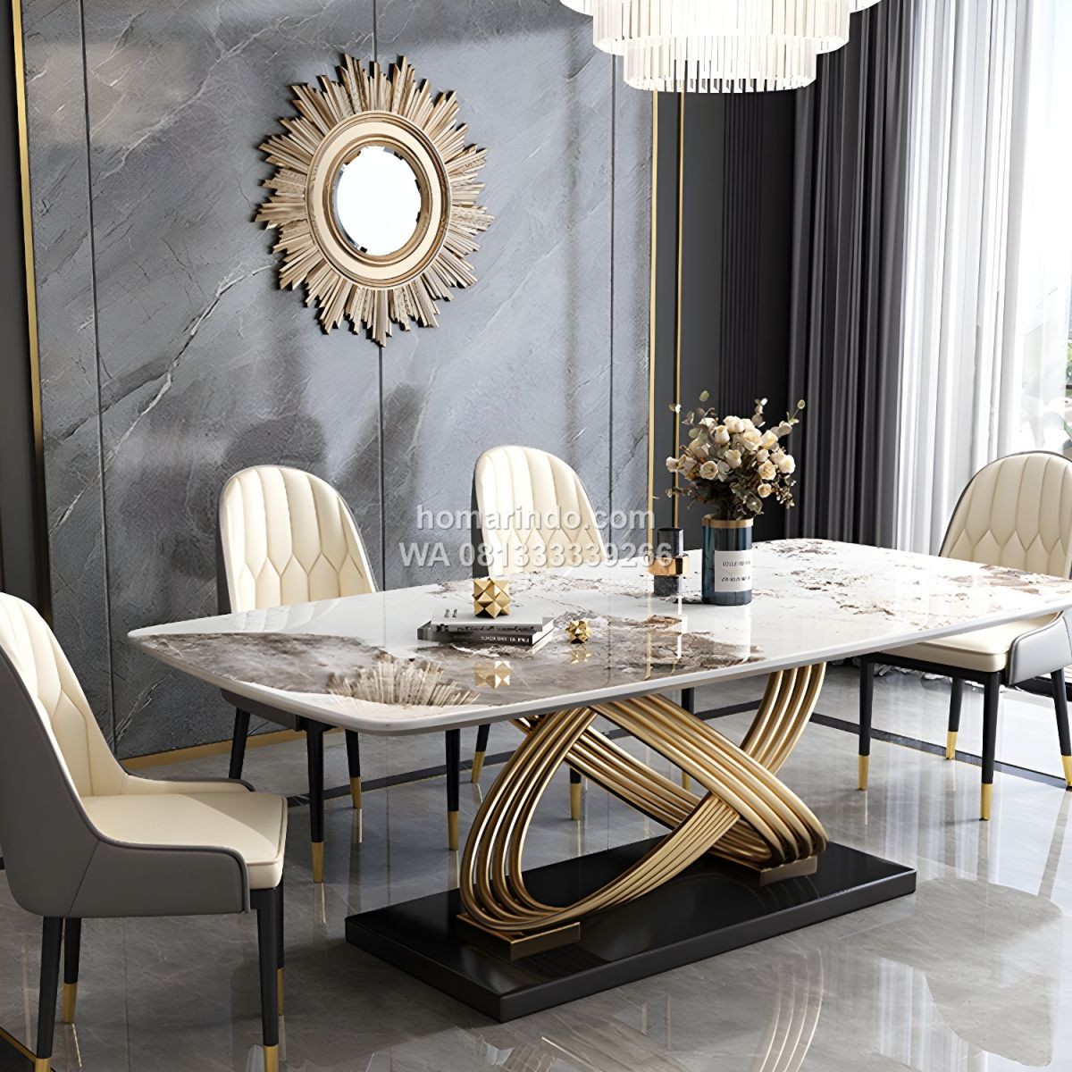 Meja Makan Marmer Putih Mewah 6 Kursi Modern