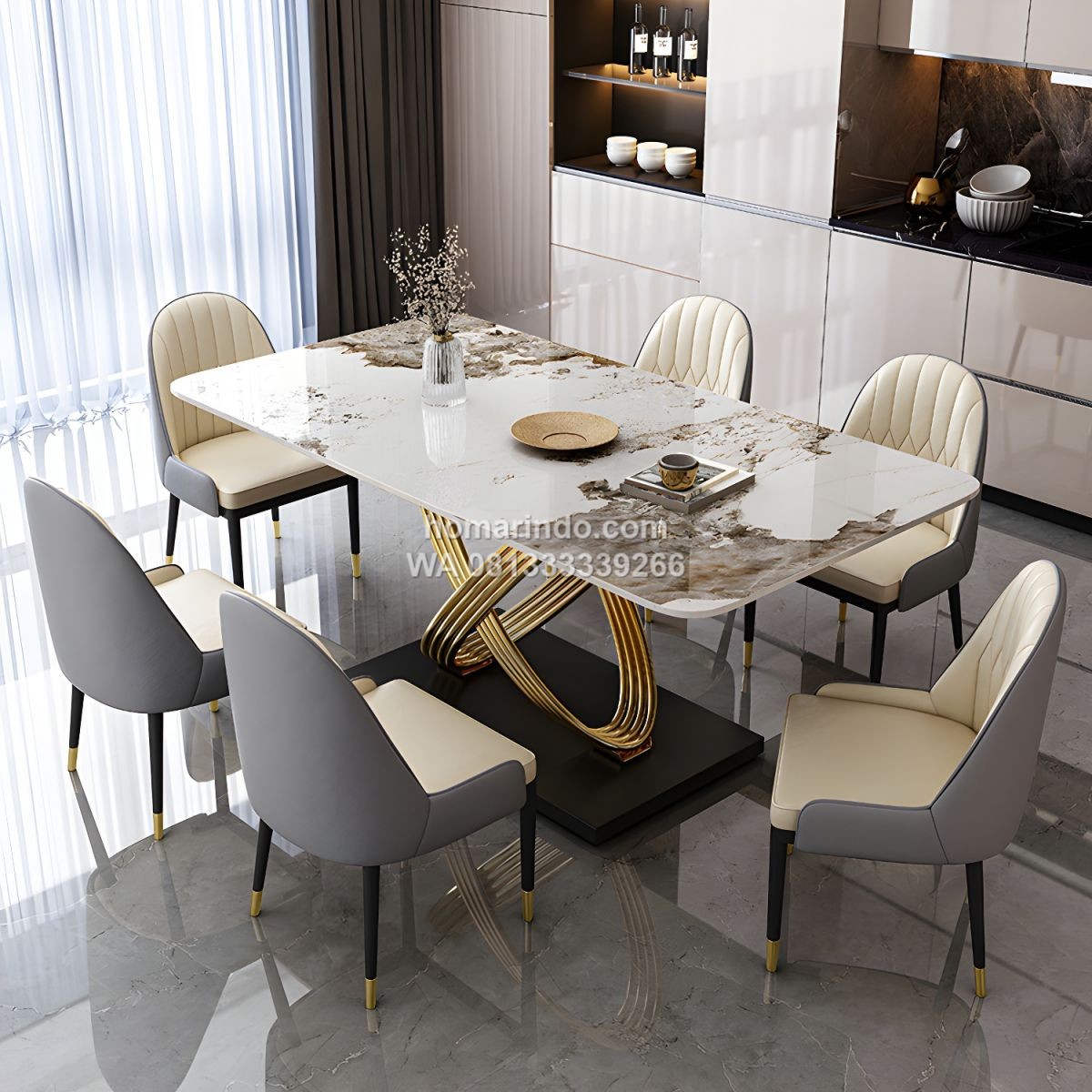 Meja Makan Marmer Putih Mewah 6 Kursi Modern