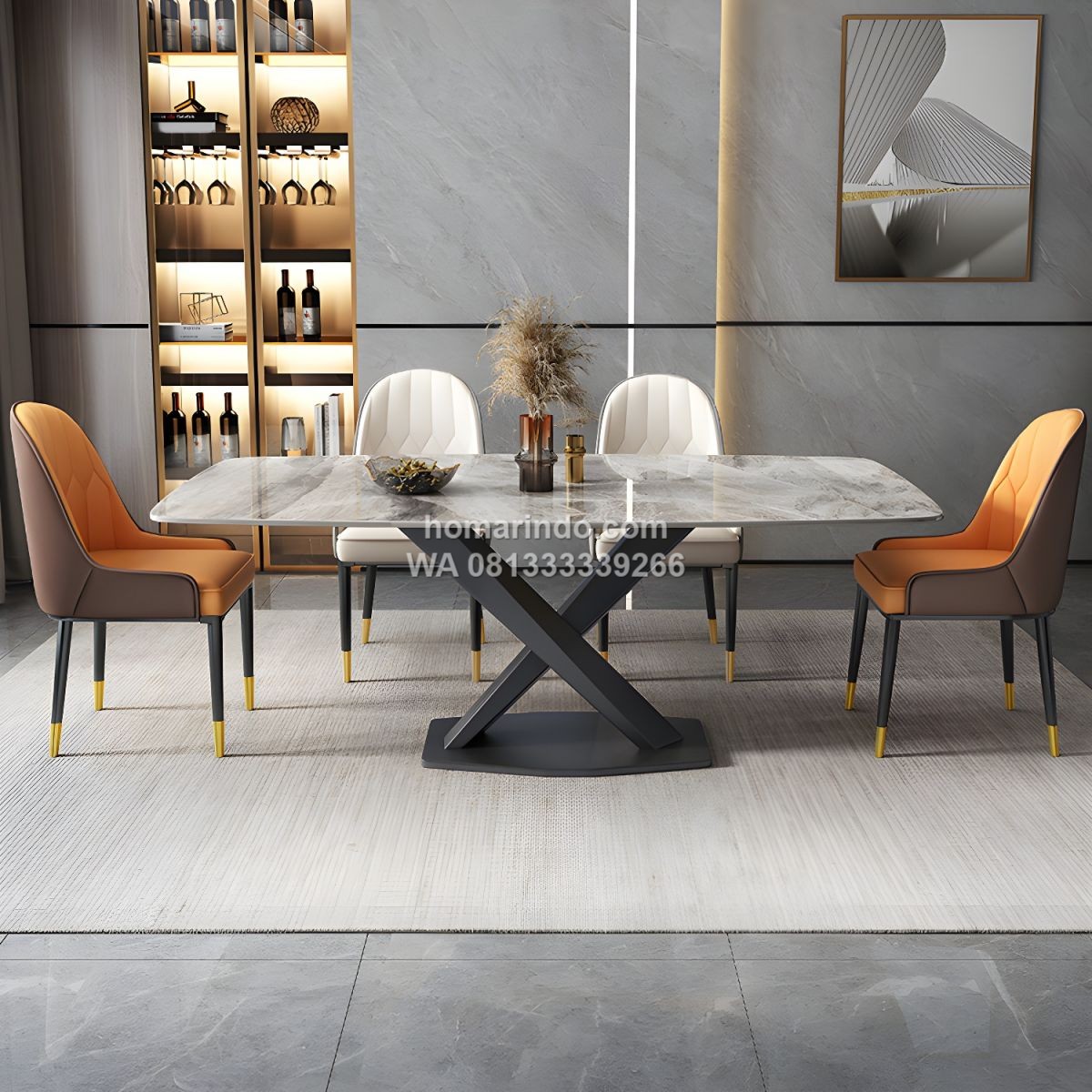 Meja Makan Mewah Modern Bahan Marmer 6 Kursi