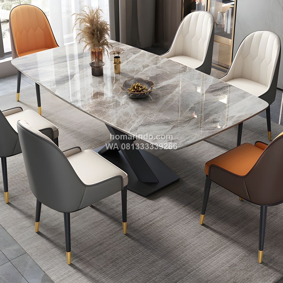 Meja Makan Mewah Modern Bahan Marmer 6 Kursi