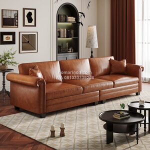 Sofa Klasik Kulit Sintetis 3 Seater Warna Mocha Untuk Ruang Tamu