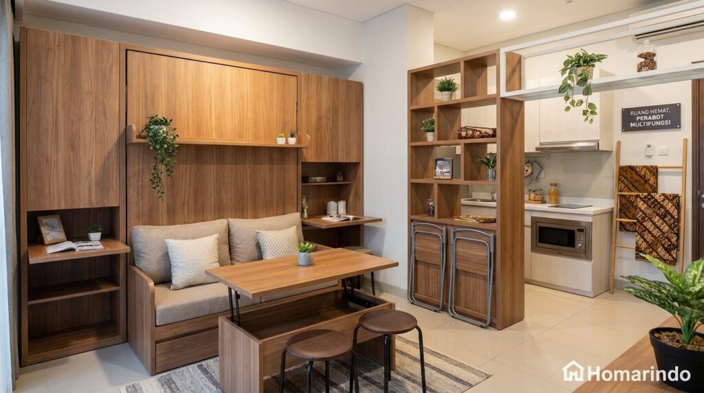 Apartemen Tipe Studio Terasa Luas dengan Furniture Multifungsi
