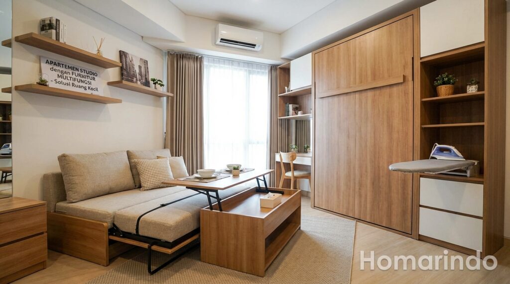 Apartemen Tipe Studio Terasa Luas dengan Furniture Multifungsi
