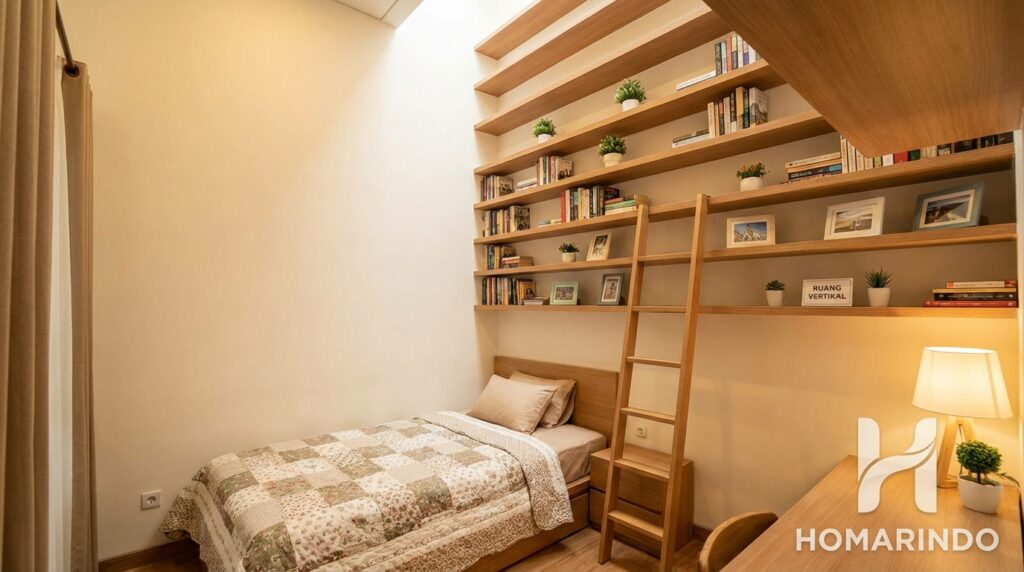 Kamar Tidur 3x3 Dengan Ruang Vertikal dengan Rak Melayang