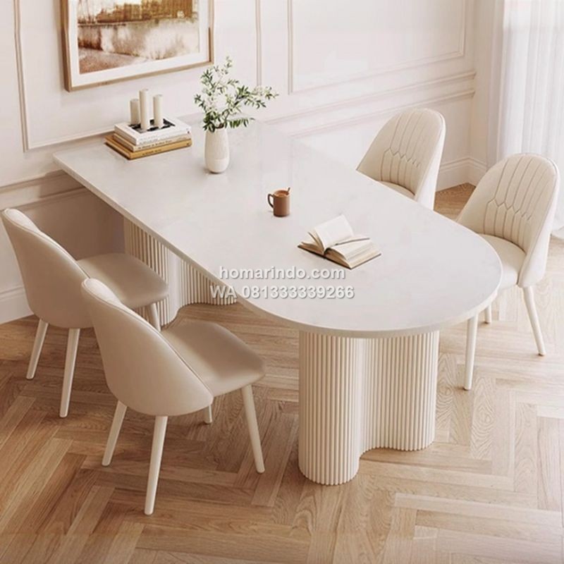 Meja Makan Salur Warna Putih Elegan Dengan 4 Kursi