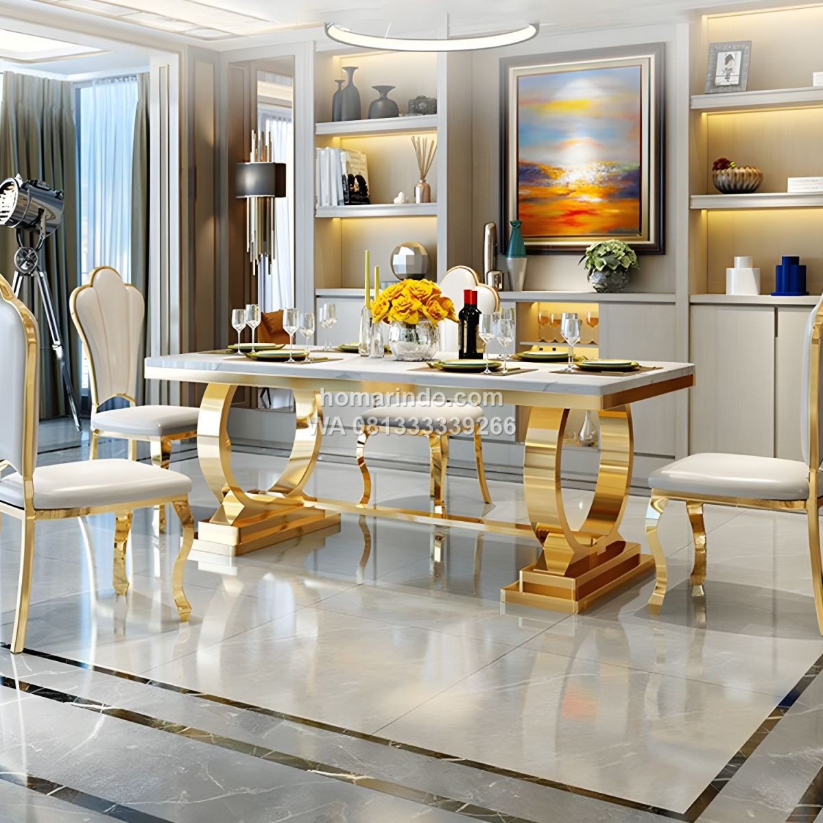 Meja Makan Stainless Gold Mewah Dengan Marmer 6 Kursi