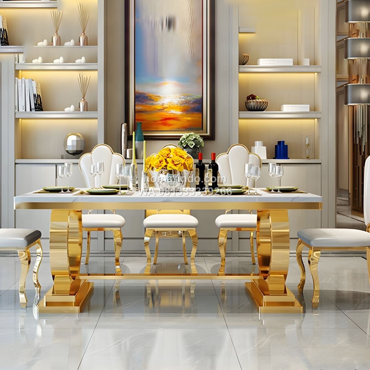 Meja Makan Stainless Gold Mewah Dengan Marmer 6 Kursi Meja Makan Stainless Gold Mewah Dengan Marmer 6 Kursi