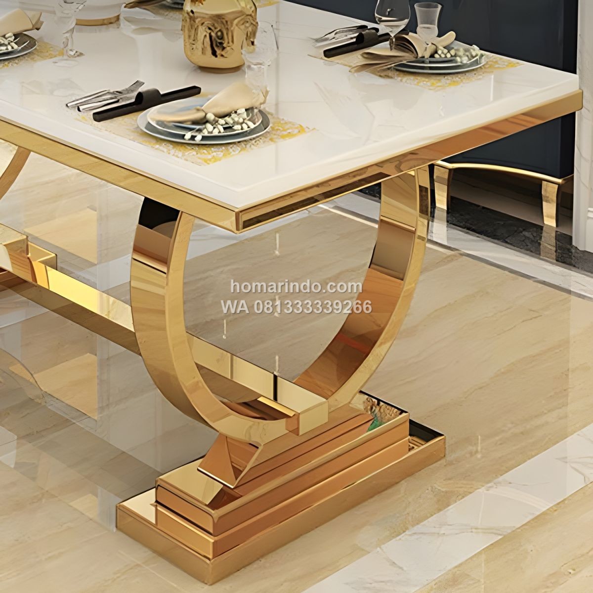 Meja Makan Stainless Gold Mewah Dengan Marmer 6 Kursi