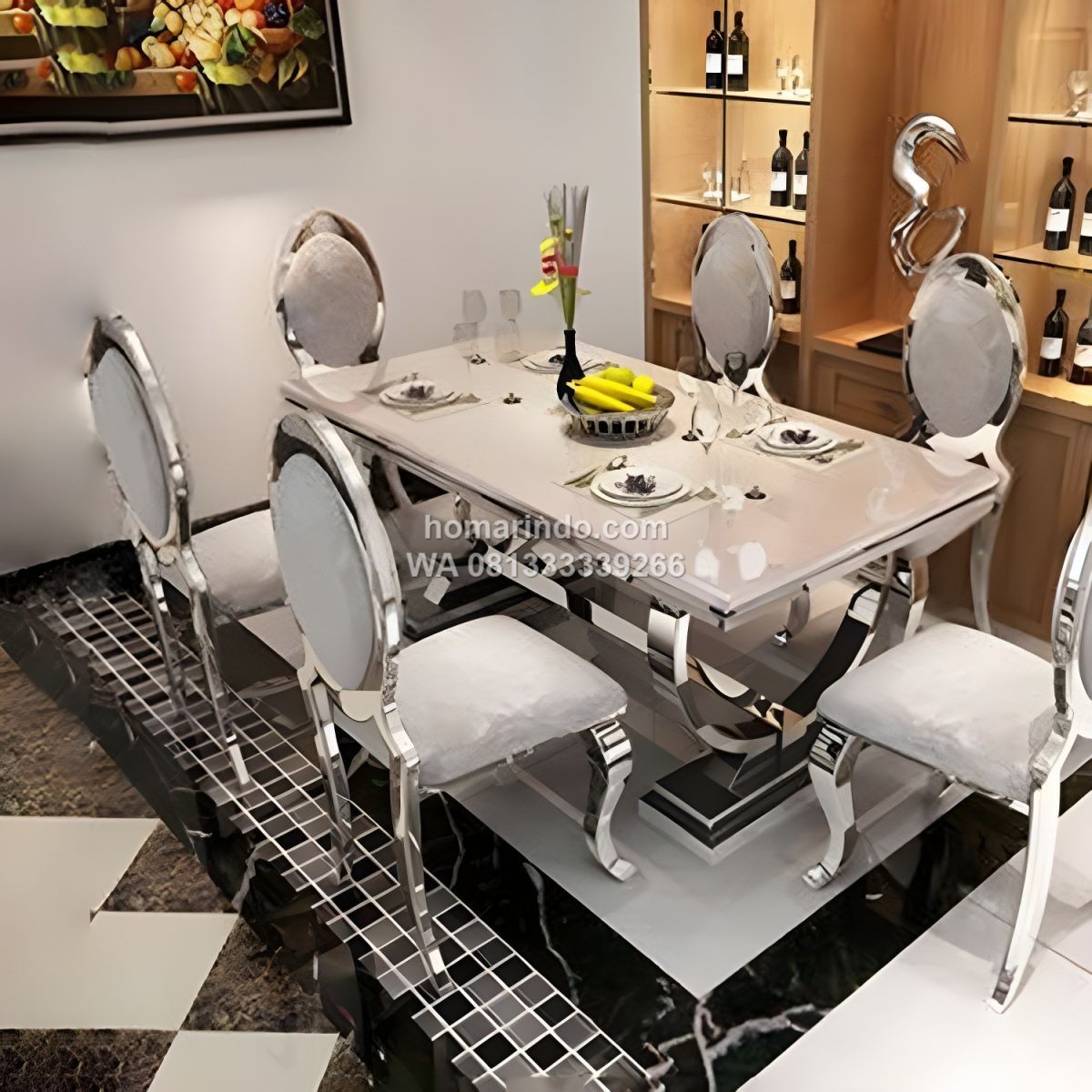 Meja Makan Stainless Gold Mewah Dengan Marmer 6 Kursi
