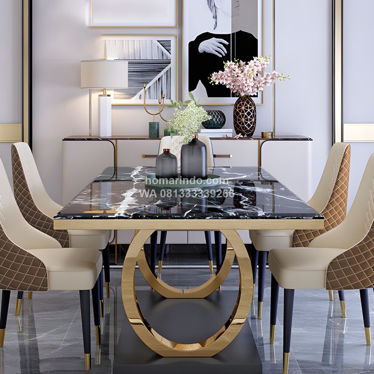 Meja Makan Stainless Top Marmer Hitam Mewah Dengan 6 Kursi