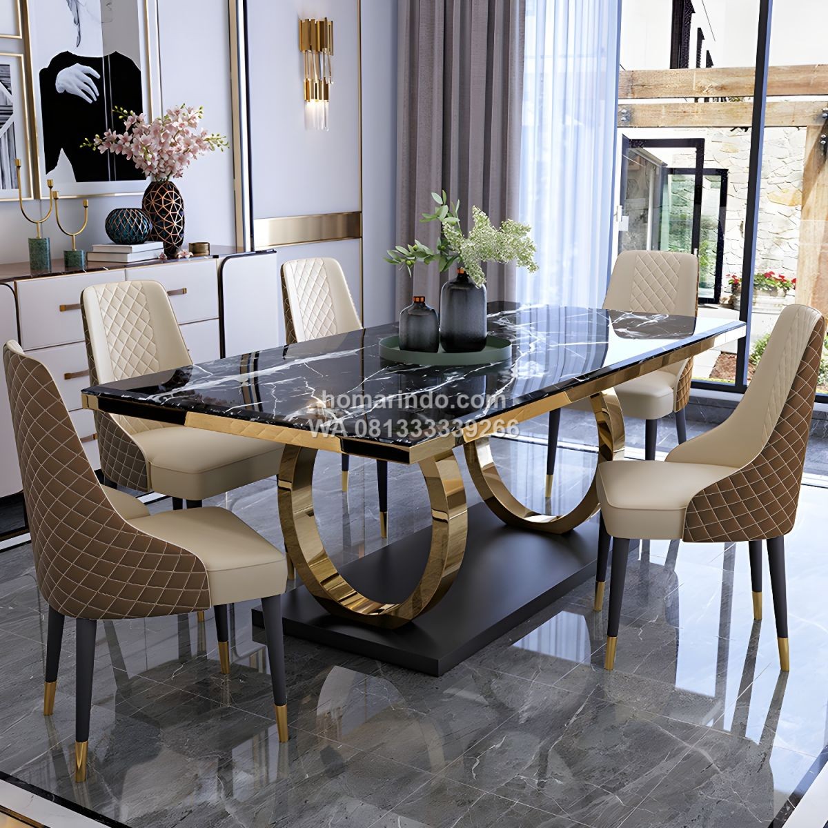 Meja Makan Stainless Top Marmer Hitam Mewah Dengan 6 Kursi Meja Makan Stainless Top Marmer Hitam Mewah Dengan 6 Kursi
