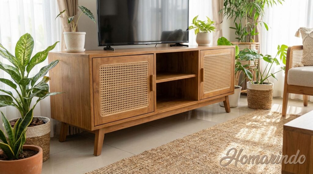 Meja TV dengan Pintu RotanAksen Anyaman
