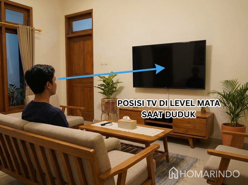 Meletakkan layar TV pada ketinggian yang sesuai dengan tingkat mata saat duduk