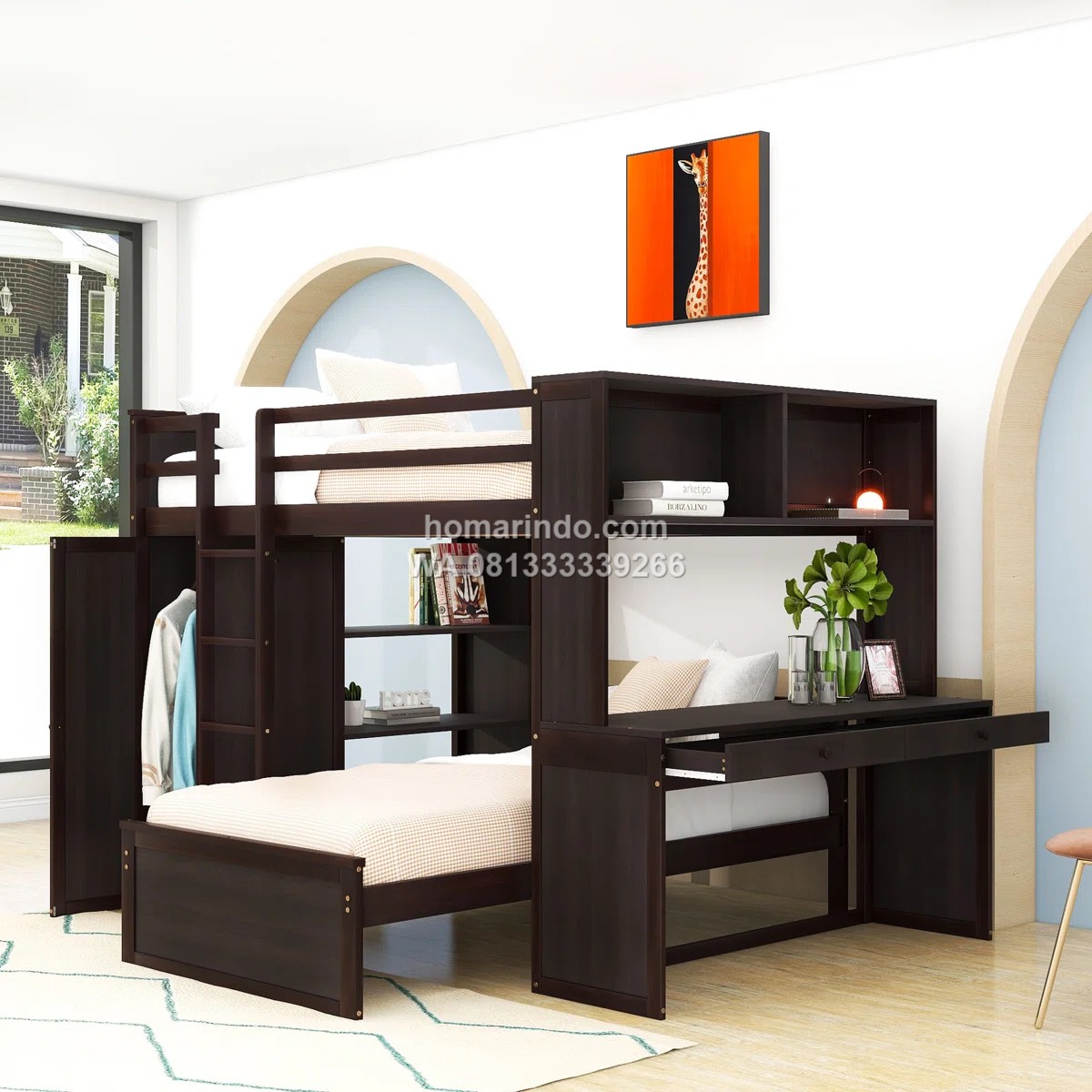 Ranjang Susun Dengan Meja Belajar Lemari Pakaian Dan Rak Buku