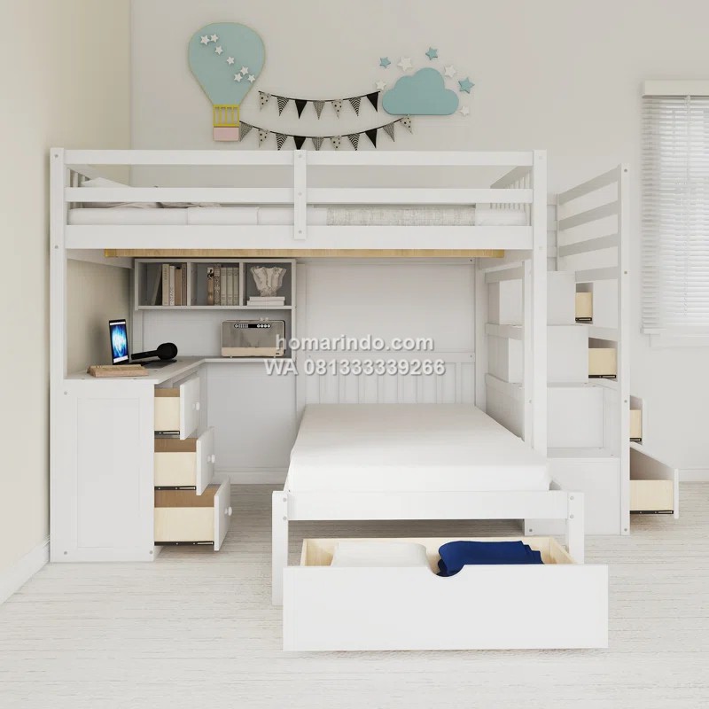 Ranjang Tingkat Multifungsi Dengan Meja Belajar dan Laci